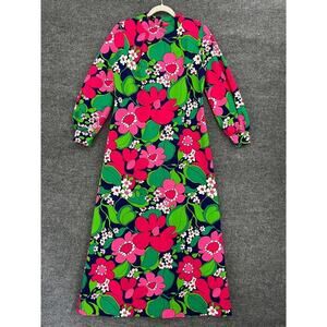 Vintage Polynesian Bazaar Hawaiian Maxi Dress Size 12 Bright Floral Mod 60s 70s